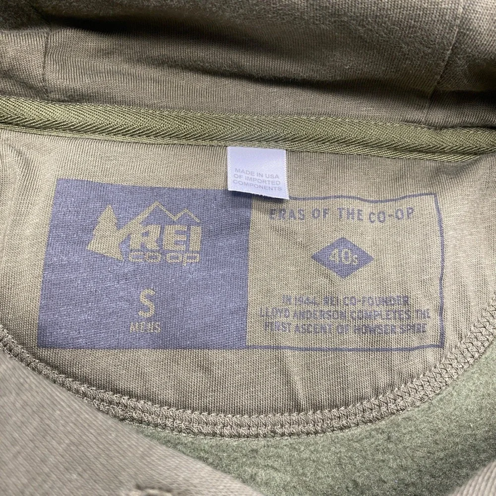 REI Co-op Hoodie Mens S Green Eras of the Co-op 40s Graphic Fleece Outdoor Sweat